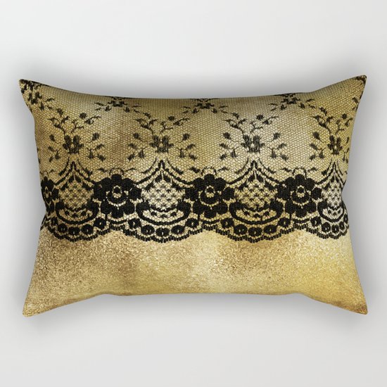 Black floral elegant lace on gold metal background- #Society6 Rectangular Pillow