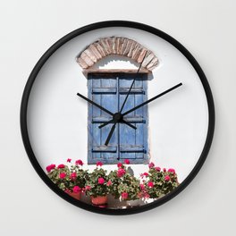 Greek Blue Window with Closed Shutters and Flowers, Traditional White House in Tinos Island, Cyclades Greece Wall Clock