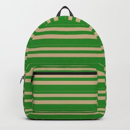 [ Thumbnail: Tan & Forest Green Colored Lines Pattern Backpack ]