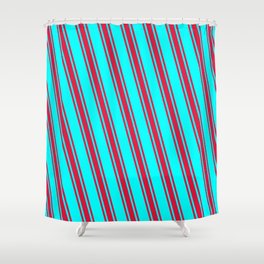 [ Thumbnail: Cyan & Crimson Colored Stripes Pattern Shower Curtain ]