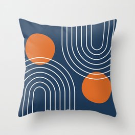 Mid Century Modern Geometric 83 in Navy Blue and Orange (Rainbow and Sun Abstraction) Throw Pillow