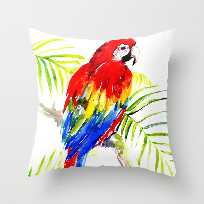 Scarlet Macaw, tropical bird, jungle Throw Pillow