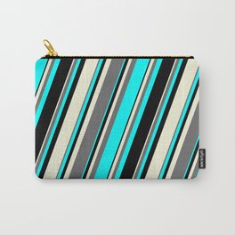 [ Thumbnail: Beige, Dim Grey, Aqua & Black Colored Lines/Stripes Pattern Carry-All Pouch ]