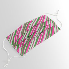 [ Thumbnail: Deep Pink, Light Grey, and Forest Green Colored Lines Pattern Face Mask ]