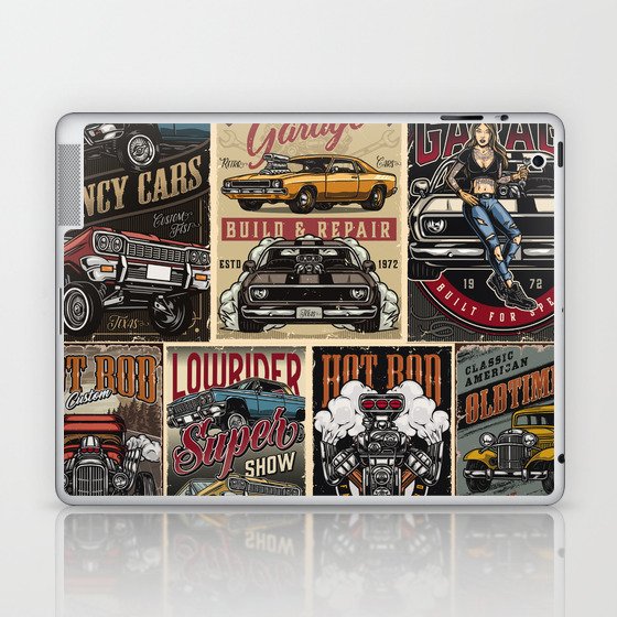 Custom cars vintage colorful posters with lowrider muscle and hot rod cars turbo engine classic retro automobile pretty tattooed woman holding spanner vintage illustration Laptop & iPad Skin