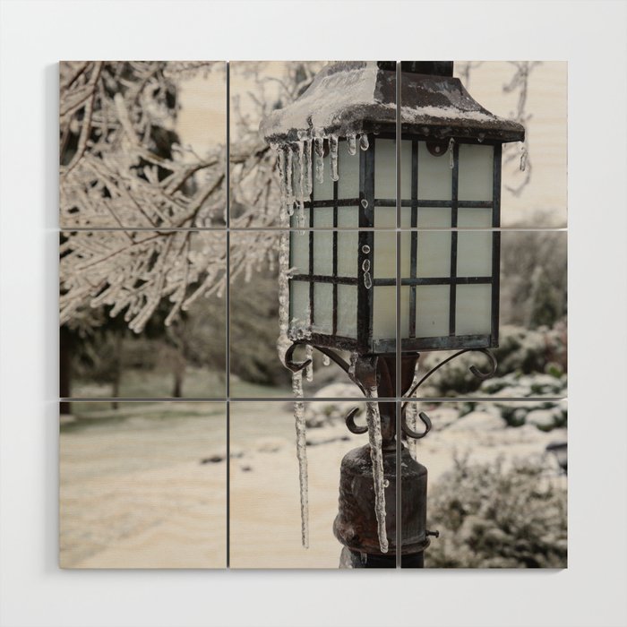 Winter Welcome Rustic Lamppost and Landscape with Snow and Ice Wood Wall Art