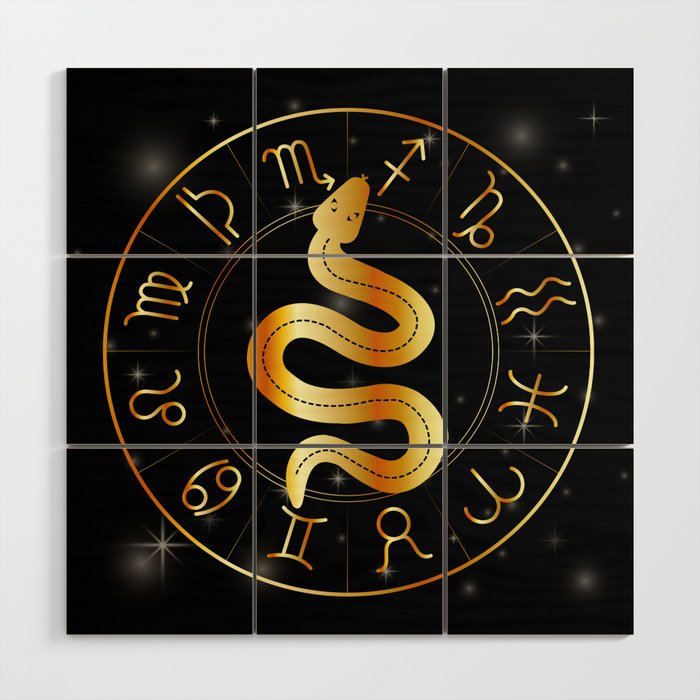 Zodiac symbols astrology signs with mystic serpentine in gold Wood Wall Art
