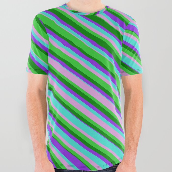 Turquoise, Plum, Lime Green, Green & Purple Colored Lined Pattern All Over Graphic Tee