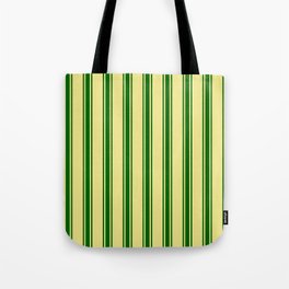 [ Thumbnail: Tan and Dark Green Colored Lined/Striped Pattern Tote Bag ]