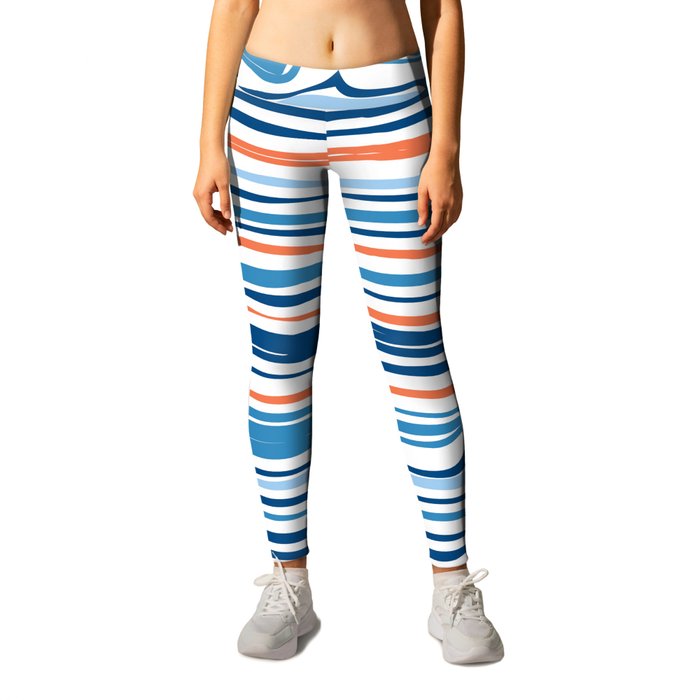 Modern Abstract Ocean Wave Stripes in Classic Blues and Orange Leggings