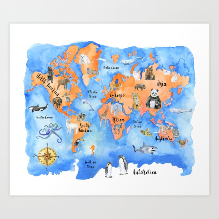 World Map of Animals Watercolor Art Print