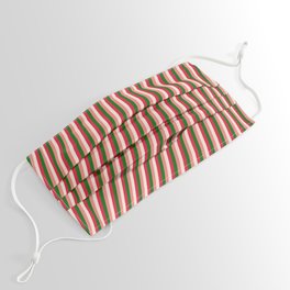 [ Thumbnail: Dark Green, Light Coral, Beige & Crimson Colored Lines/Stripes Pattern Face Mask ]