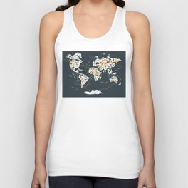 Cartoon animal world map for children, kids, Animals from all over the world, back to school, gray Tank Top