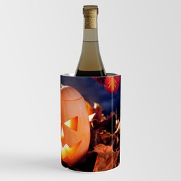 Halloween Lantern Pumpkin in Dark Sky Clouds Wine Chiller