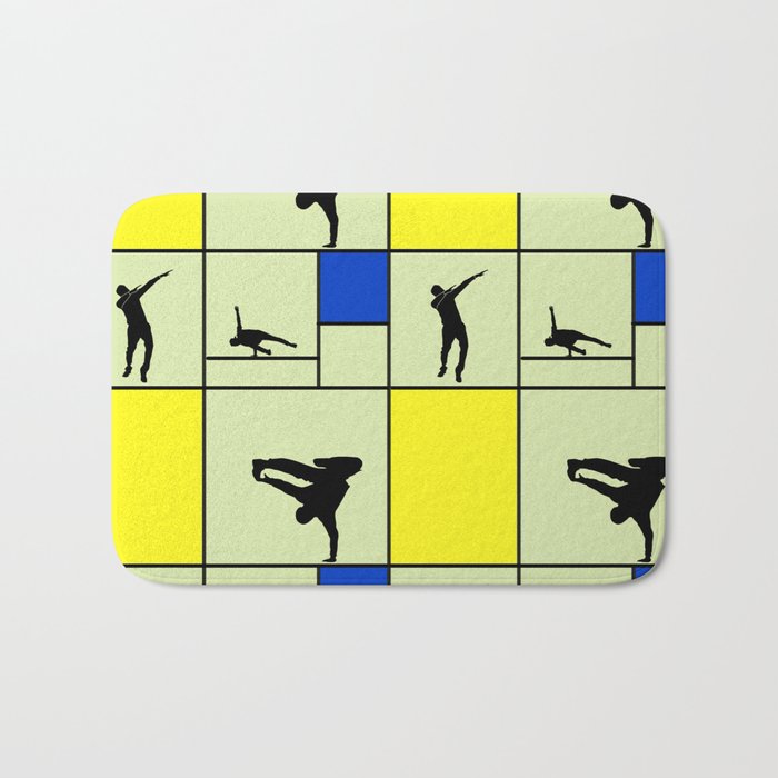 Street dancing like Piet Mondrian - Yellow, and Blue on the light green background Bath Mat