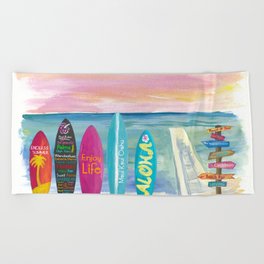 Surfboard Philosophy  - Enjoy Life, Travel and Surf - Surfboard Wall Beach Towel