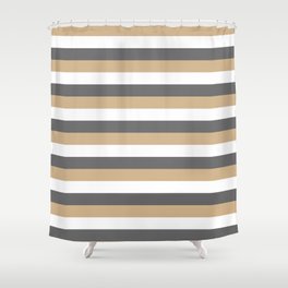 [ Thumbnail: Dim Gray, Tan & White Colored Striped Pattern Shower Curtain ]