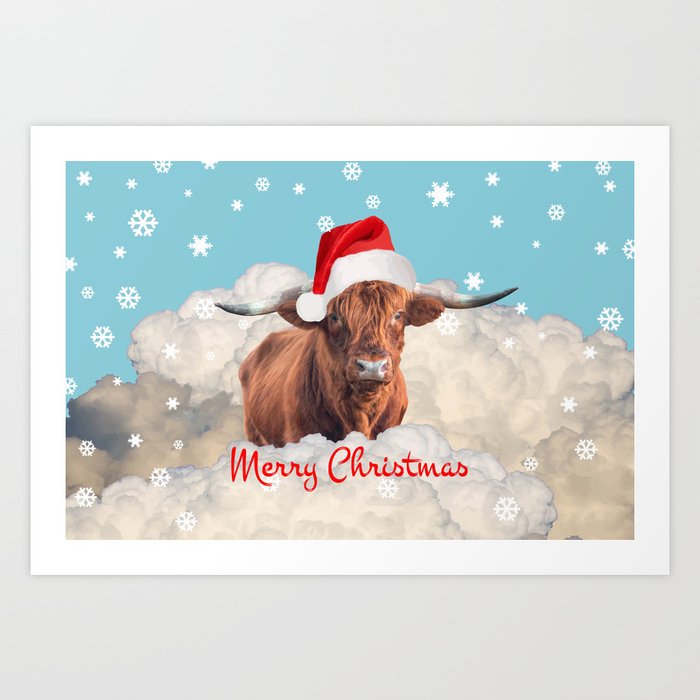 Highland Cow Santa Claus Merry Christmas snow Clouds Art Print