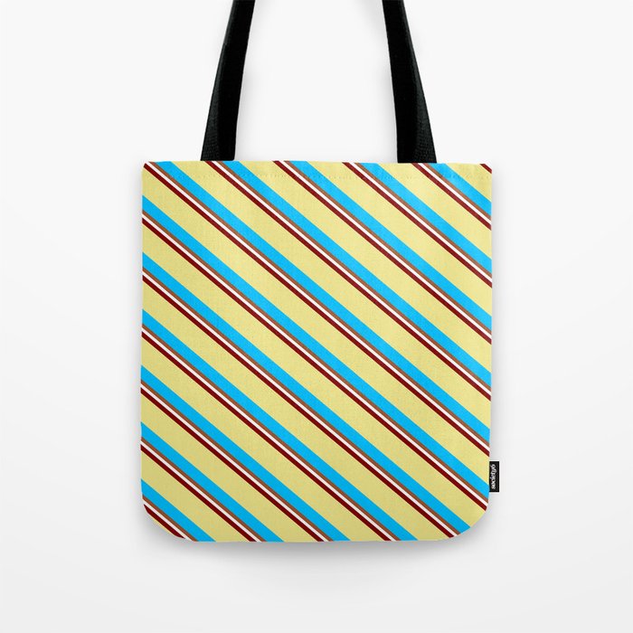 Vibrant Maroon, Tan, Deep Sky Blue, Sienna & White Colored Striped/Lined Pattern Tote Bag