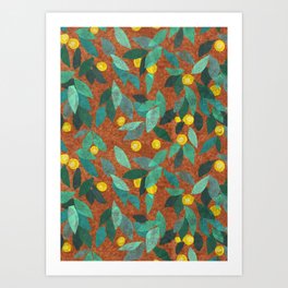 Berries Leaves Paper Collage Floral Pattern Brown Yellow Green Art Print