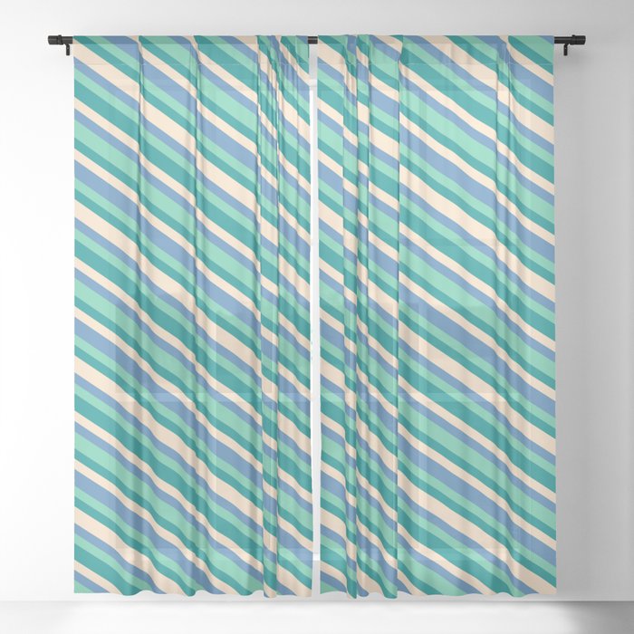 Aquamarine, Dark Cyan, Bisque, and Blue Colored Lines Pattern Sheer Curtain