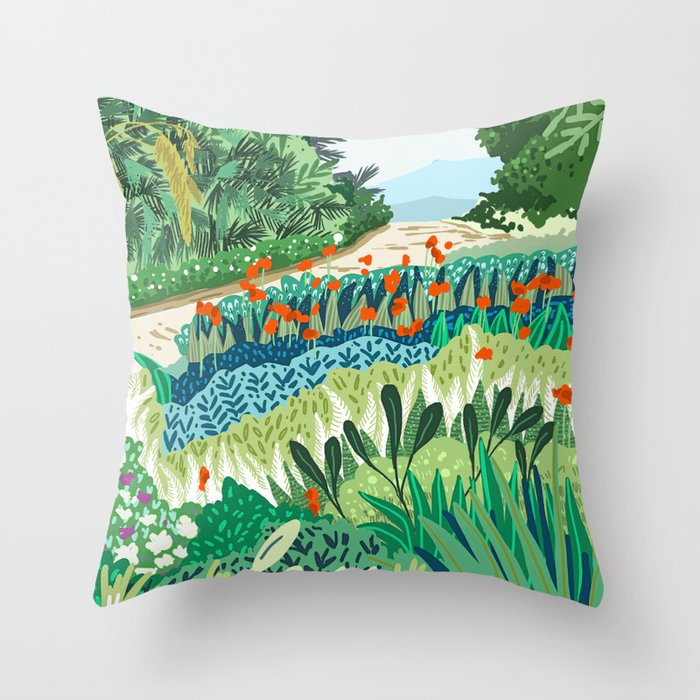 Solo Walk, Nature Jungle Forest Tropical Colorful Vibrant Bortanical Illustration Painting Throw Pillow