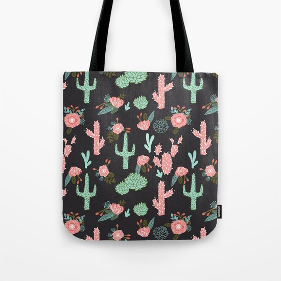 Cactus florals dark charcoal colorful trendy desert southwest house plants cacti succulents pattern Tote Bag