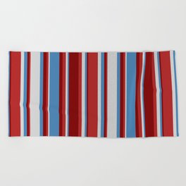 [ Thumbnail: Blue, Light Gray, Red, and Maroon Colored Pattern of Stripes Beach Towel ]