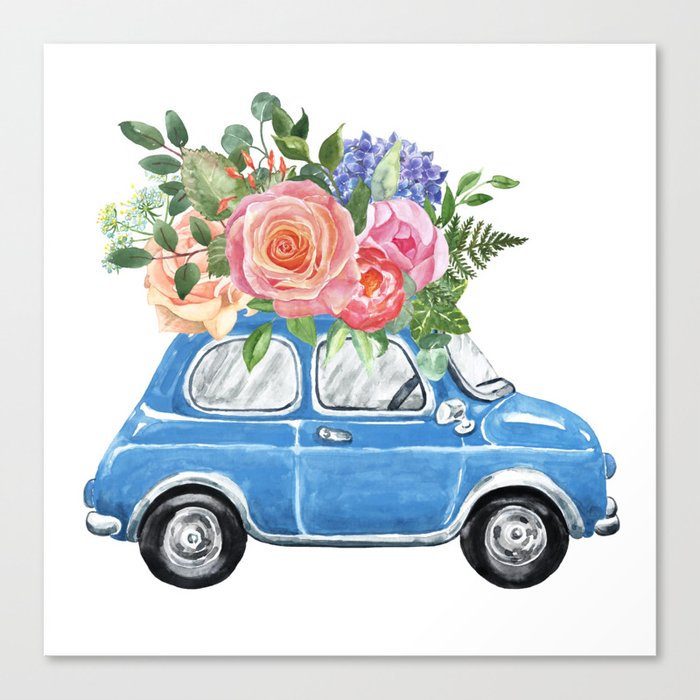 Download Watercolor Wedding Floral Car Vintage Retro blue car ...