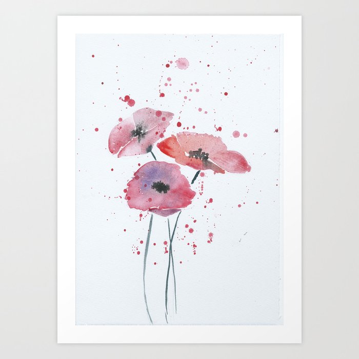 Red poppy flowers watercolor painting Art Print