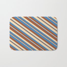 [ Thumbnail: Tan, Blue & Sienna Colored Stripes/Lines Pattern Bath Mat ]
