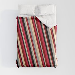 [ Thumbnail: Eye-catching Crimson, Maroon, Tan, Dark Gray, and Black Colored Lines/Stripes Pattern Duvet Cover ]