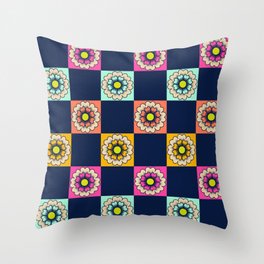 Bright block print flower checks - retro- navy, hot pink, yellow, orange Throw Pillow
