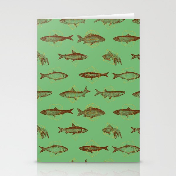 Fishes In Geometrics (Old Green) Stationery Cards
