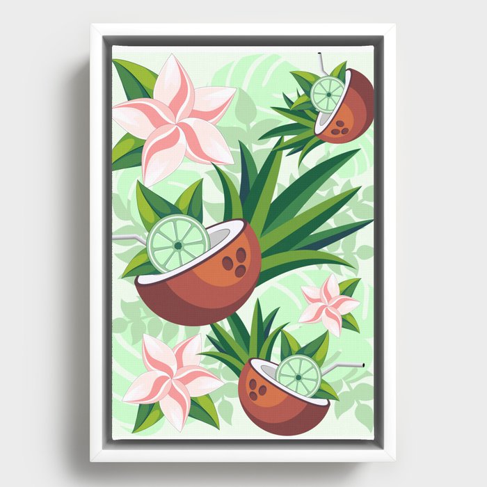 Lime in Coconut with Pink Plumeria Flowers Tropical Summer Pattern Framed Canvas