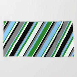 [ Thumbnail: Gray, Light Sky Blue, Forest Green, Mint Cream & Black Colored Striped Pattern Beach Towel ]