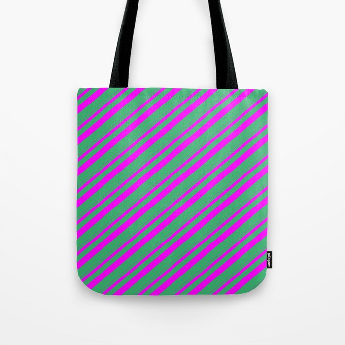 Fuchsia and Sea Green Colored Stripes/Lines Pattern Tote Bag