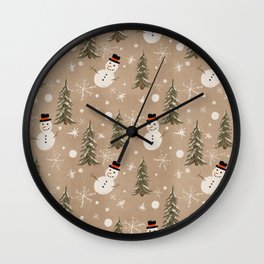 Snowman Pine Tree Print Wall Clock | Jackfrost, Graphicdesign, Green, Pinetree, Snowflakes, Christmaspattern, Winter, Snowman, Christmas, Snow 