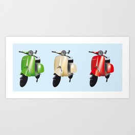 Three Vespa scooters in the colors of the Italian flag Art Print