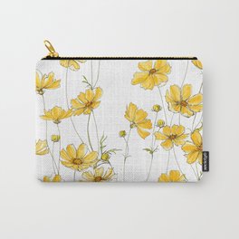 Yellow Cosmos Flowers Carry-All Pouch | Acrylic, Botanical, Gouache, Flower, Floral, Garden, Cosmos, Yellow, Ink Pen, Wild Flowers 