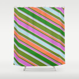 [ Thumbnail: Eyecatching Green, Orchid, Powder Blue, Coral & Forest Green Colored Lined Pattern Shower Curtain ]