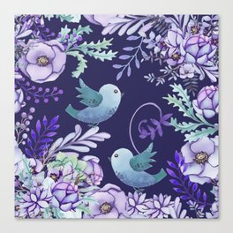 Bird  And Flowers Watercolor Painting  Canvas Print