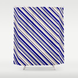 [ Thumbnail: Dark Gray, Beige, and Dark Blue Colored Lined Pattern Shower Curtain ]