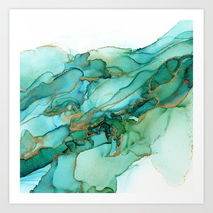 Emerald Gold Waves Abstract Ink Art Print