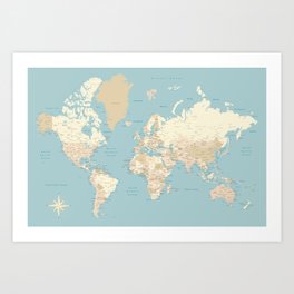 Cream, brown and muted teal world map, "Jett" Art Print