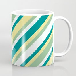 [ Thumbnail: Tan, Dark Sea Green, Mint Cream & Teal Colored Lines/Stripes Pattern Coffee Mug ]