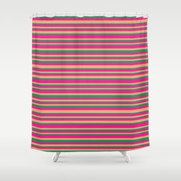 [ Thumbnail: Deep Pink, Light Salmon & Sea Green Colored Lines Pattern Shower Curtain ]