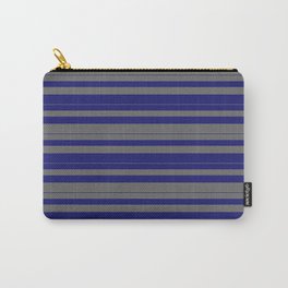 [ Thumbnail: Midnight Blue and Dim Grey Colored Striped Pattern Carry-All Pouch ]