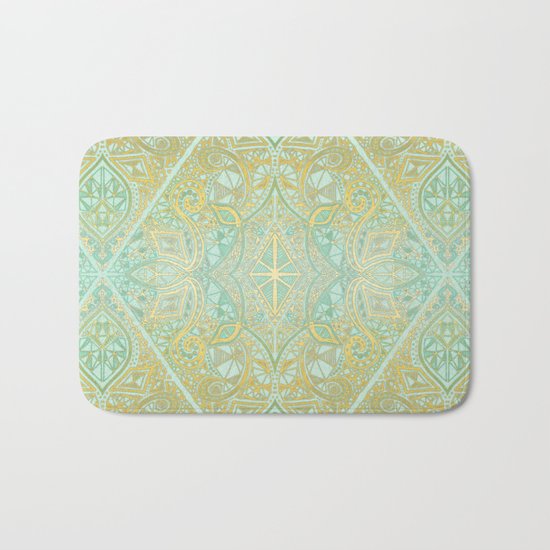 Mint & Gold Effect Diamond Doodle Pattern Bath Mat