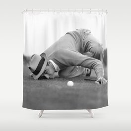Eye to the ground on the 18th hole; golfing man eyes ball to measure distance to hole vintage black and white portrait photograph - photography - photographs poster Shower Curtain